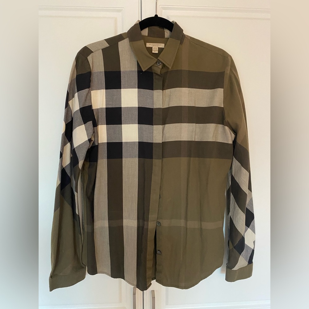 Burberry Olive, Black & Cream Plaid Button-Front Shirt- women’s xl